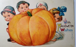 Halloween Postcard Children Behind Giant Pumpkin Winsch Back Gottschalk Dreyfuss - £74.31 GBP