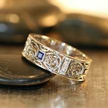 2.1ct Princess Blue Sapphire Wedding Band Vintage Filigree 14k White Gold Finish - £69.47 GBP