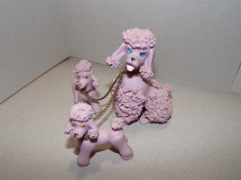 Vintage Pink Poodle Family Spaghetti Ceramic Blue Stone Eyes Mom Puppies - £50.34 GBP