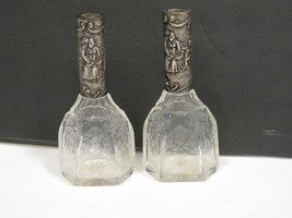 2 Antique 800 German Silver Topped Acid Etched Perfume Bottles 4.25&quot; Courting  - £110.79 GBP