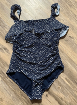 Kona Sol Swimsuit One Piece Ruffle Adjustable Blue Navy Polka Dot Size L... - $14.49