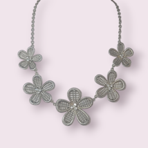 Vintage SJ Designs Silver Tone Flowers Statement Bib Necklace Boho Chic 20&quot; - £4.83 GBP