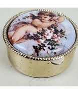 Vintage Pill Box Gold Tone Child Angel Floral 1.5&quot; Round w/ Insert - $4.00