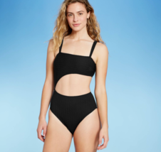 Shade &amp; Shore Womens Ribbed Cut Out One Piece High Leg Monokini Swimsuit M Black - £14.90 GBP