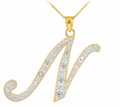 14k Solid Yellow Gold Diamonds Initial Script Letter N Pendant Necklace - £239.71 GBP+