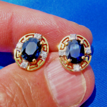 Earth mined Sapphire Diamond Deco Design Earrings Button Studs 14k Solid Gold - £1,714.74 GBP