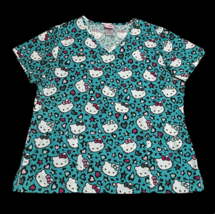 Hello Kitty Scrub Top Shirt Teal Blue Green Cheetah Print Womens Size Large - £15.71 GBP