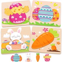 Easter Toys Gifts for Kids Toddlers 4 Pack Wooden Puzzles with Rabbits Carrots C - £29.21 GBP