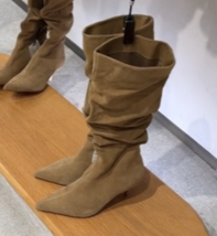 ZARA BNWT 2024. SAND CAMEL RUCHED SPLIT SUEDE LEATHER HEELED BOOTS. 2016... - $175.34