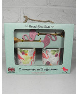 Harvest Green Studio Flamingo Espresso Mugs &amp; Spoons Set of 2 Each New NIB - $34.64