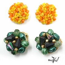 2 Pairs of Vintage Cluster Clip On Earrings - Marked Hong Kong - 1 inch ... - £18.87 GBP