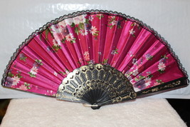 FAN ( SMALL HAND TYPE FAN ) WITH FLOWERS FLOWER DARK PINK B3 - £6.20 GBP