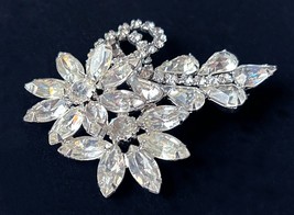 Vintage Rhinestone Flower Brooch - MCM Rhodium Plate Floral Pin - £48.59 GBP