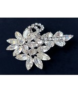 Vintage Rhinestone Flower Brooch - MCM Rhodium Plate Floral Pin - £49.20 GBP