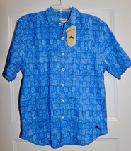 Tommy Bahama Mens Camp Shirt Cobalt Sea Pina Block Party Linen Cotton S New $128 - £34.73 GBP