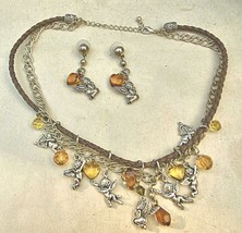 Leather and Chain Necklace and Earrings with Cherubs and Crystals - £19.30 GBP
