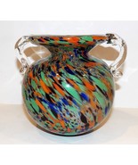 EXQUISITE VINTAGE ART GLASS SPATTER GLASS MULTI-COLOR HANDLED 6 1/4&quot; VASE - $98.99