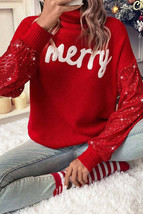 Racing Red Merry Graphic Sequin Sleeves Christmas Sweater - $53.14