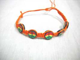 Hot Orange Macrame W Rasta Color Peace Sign Beads Reggae Tie Bracelet / Anklet - £4.00 GBP