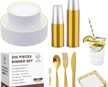 Gold Disposable Plastic Dinnerware Set 250 Count, 50 Gold Plastic Plates... - £34.30 GBP