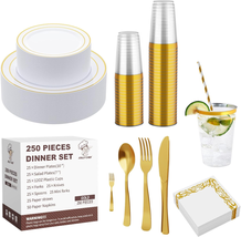 Gold Disposable Plastic Dinnerware Set 250 Count, 50 Gold Plastic Plates, 25 Pla - £42.08 GBP