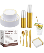 Gold Disposable Plastic Dinnerware Set 250 Count, 50 Gold Plastic Plates... - £41.88 GBP