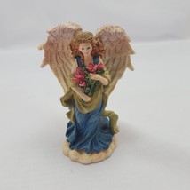 Resin Angel Blue Dress Holding Flowers 3.5 inch Figurine - £3.90 GBP