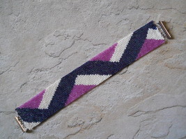 Bracelet, ZigZag Color Blocks, Fuchsia, Dark Blue, White, Peyote Stitch - $39.00