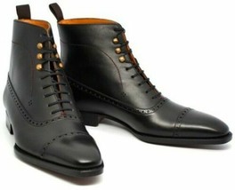 Handmade Men&#39;s Ankle High Boot, Men Black Leather Cap Toe Lace Up Casual... - €112,59 EUR