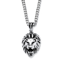 PalmBeach Jewelry Lion Pendant and Chain in Antiqued Stainless Steel 24&quot; - £47.47 GBP
