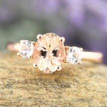 1.6Ct Simulated Morganite &amp; Diamond 3-Stone Engagement Ring 14K Rose Gold Plated - £66.49 GBP