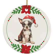 Cute Boston Terrier Puppy Dog Santa Hat Christmas Ornament Ceramic Gift Decor - £11.86 GBP