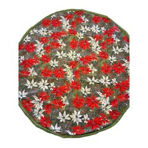 Vintage Christmas Tablecloth Poinsettia Print Avocado Green Retro Fringe Trim - £23.34 GBP