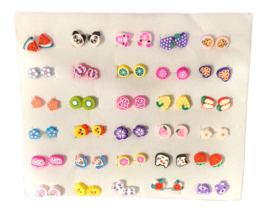 Set of 30 Pr Small Fruit, Flower &amp; Animal Assorted Polymer Clay Post Earrings - £11.94 GBP