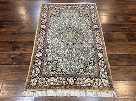 Silk Oriental Rug 4x5 Handmade Vintage Carpet Cream Navy Blue Very Fine 360 KPSI - £3,001.81 GBP