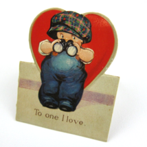 Vintage Valentine Card Cutout Stand Up Boy Binoculars Plaid Hat Overall UNSIGNED - £6.38 GBP