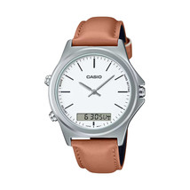 Casio Mens Tan Leather Watch Analog Digital White Round Face Alarm Gift Boxed - £37.24 GBP
