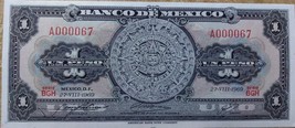 Crisp Uncirculated Mexico One Peso Calendario 1969 Serie Low Number A000067 - $124.95
