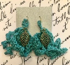 Freeform Crochet Falling Leaves Earrings Turquoise Fiber &amp; Brass Leaf Charms - £11.09 GBP