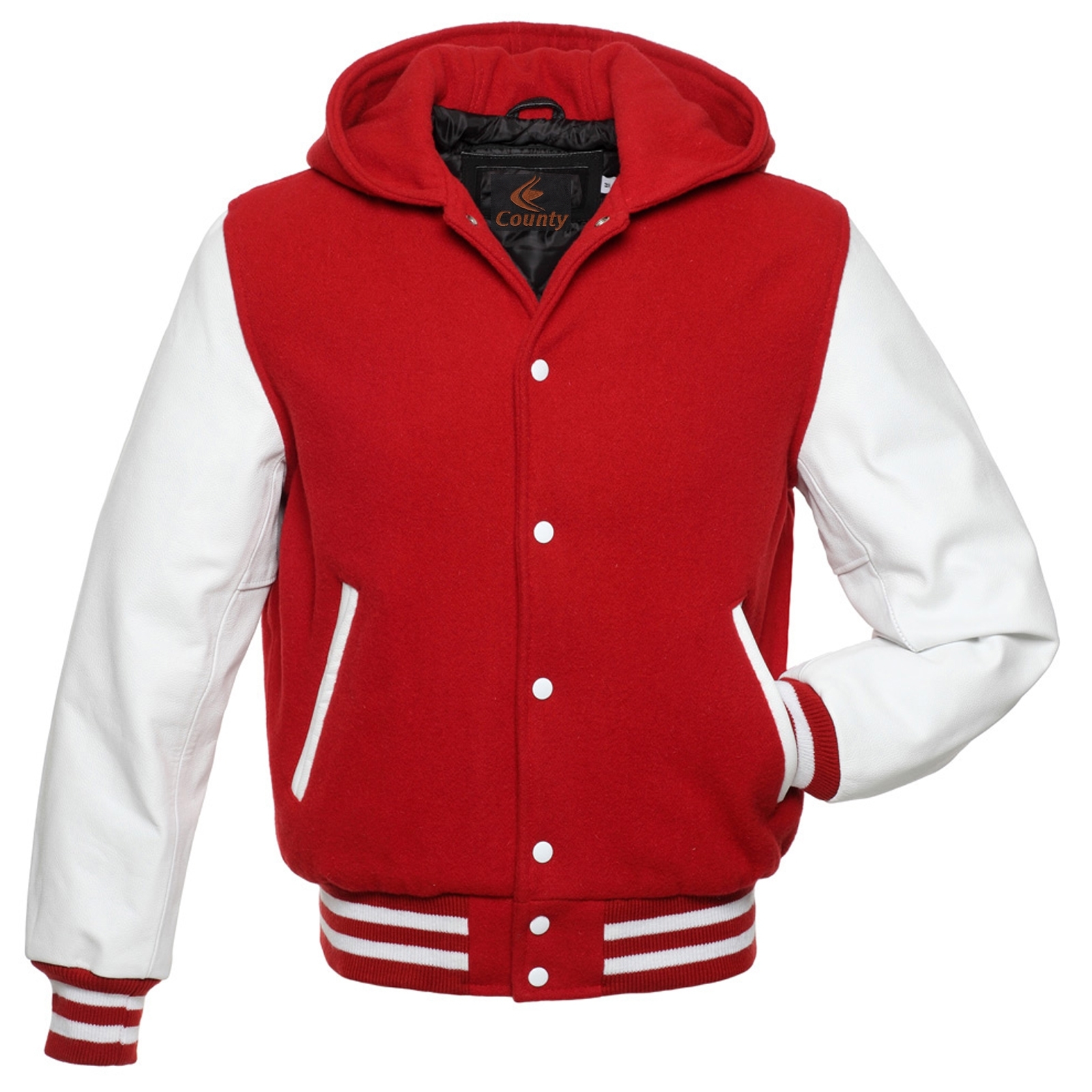 Hoodie Jacket Varsity Jacket Baseball Jacket Red Body White Leather Sleeves
