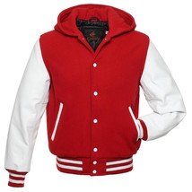 Bomber Varsity Letterman Baseball Hoodie Jacket Red Body White Leather Sleeves - £78.93 GBP