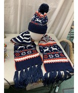 Vintage 2pc SET Ski Beanie Knit Pom Stocking Hat &amp; Scarf Red White Blue ... - €34,72 EUR