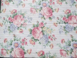 Fabric Concord Pink Roses Blue &amp; Yellow Flowers on Blue Striped Background $3.50 - £2.80 GBP