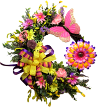 Pink Butterfly and Colorful Wildflowers Spring Floral Grapevine Door Wreath - £86.84 GBP