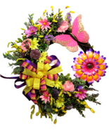 Pink Butterfly and Colorful Wildflowers Spring Floral Grapevine Door Wreath - £85.33 GBP