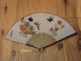 Japanese Art Print Silk Hand Folding Fan Fashion Decor White Flowers &amp; B... - £11.68 GBP