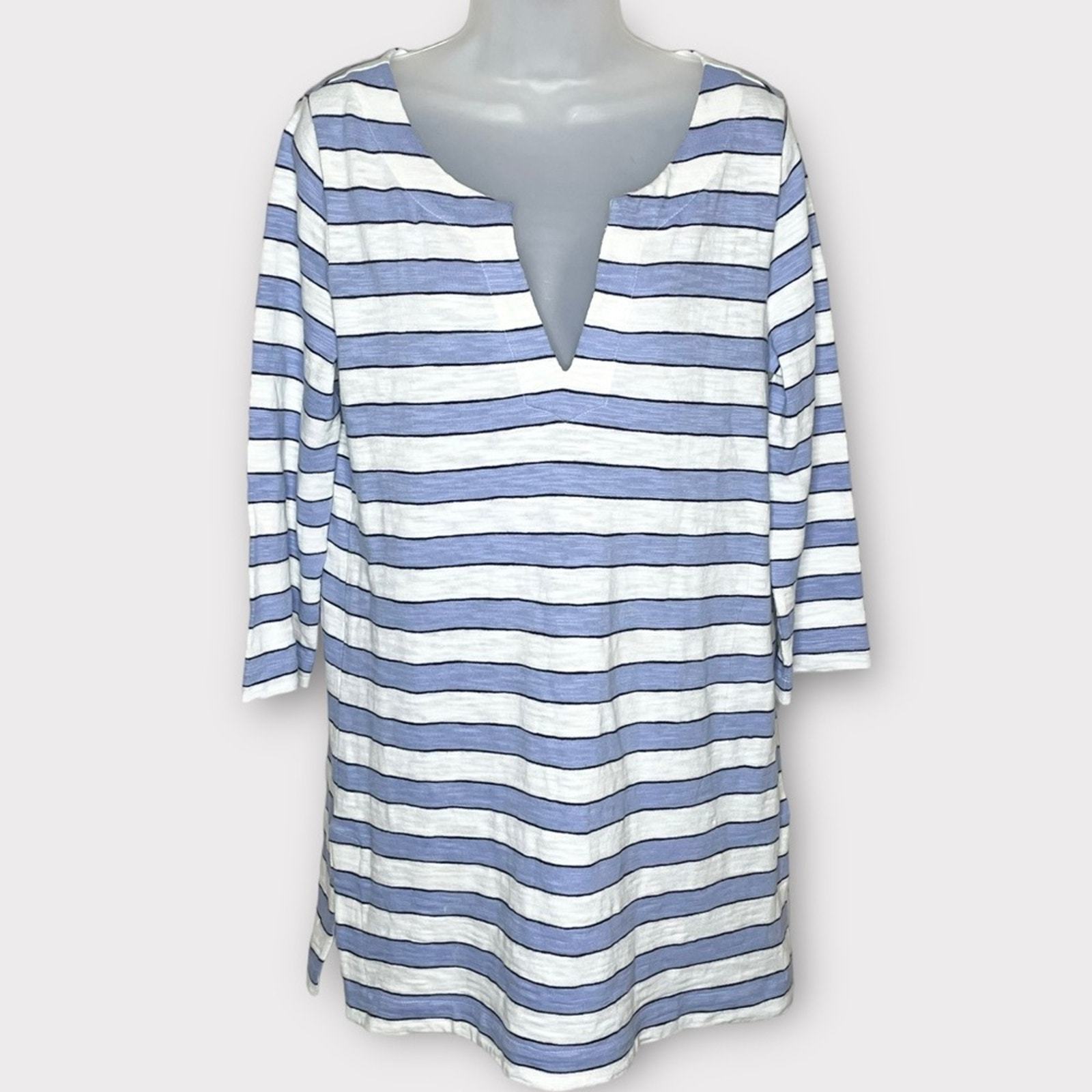 LOFT BEACH blue &amp; white stripe slub cotton notch collar dress coverup sz... - $24.19