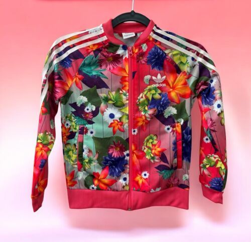 adidas Hot Pink Bright Floral Zipper Pockets Track Jacket Youth Size S C... - $39.55