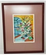 Daisies Brandy Strawberries Print Framed Matted Pastel Maroon Vintage 1993  - $37.95