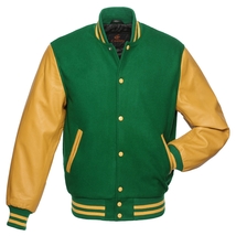 Letterman Varsity Bomber Baseball Jacket Green Body &amp; Gold Leather Sleeves - £90.24 GBP